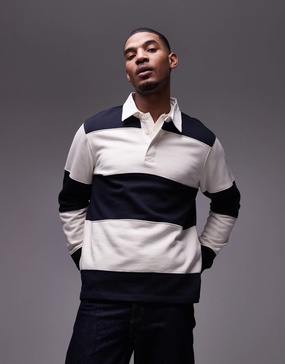 Mango rugby polo shirt in navy & white stripe