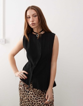 Weekday Ibis asymmetric peplum top with concealed buttons in black