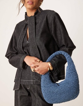 ASOS DESIGN hand crochet straw shoulder bag in blue