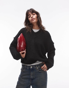 Topshop knit high v-neck fluffy sweater in black