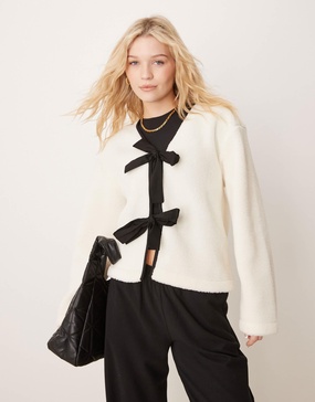 ASOS DESIGN teddy jacket with bow tie details in ecru