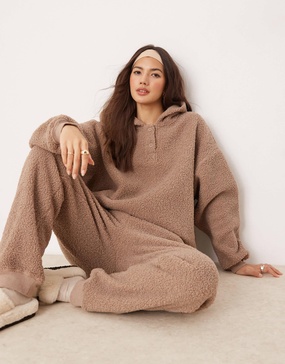 ASOS DESIGN lounge borg oversized hoodie & sweatpants set in taupe