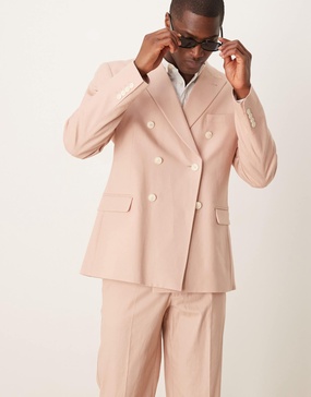 ASOS DESIGN double breasted slim suit jacket with linen in dusty pink
