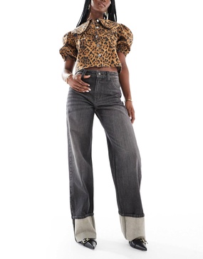 Bershka turn up wide leg jeans in dirty washed black