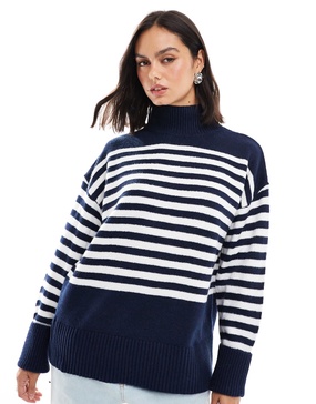ASOS DESIGN knitted high neck sweater with turn back cuffs in navy stripe