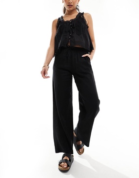 Bershka tie waist wide leg linen pants in black