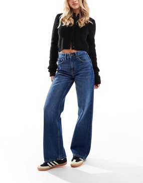 Bershka Petite high waisted 90s wide leg jeans in dark wash