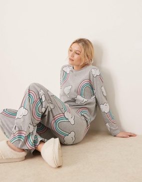 ASOS DESIGN rainbow long sleeve top & pants pajama set in gray heather