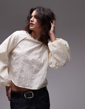 Topshop jacquard balloon sleeve top in ivory