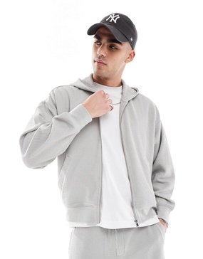 Bershka boxy crop seersucker hoodie in light gray - part of a set