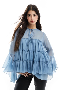 ASOS DESIGN tie front tiered blouse with ruffle cuffs in blue