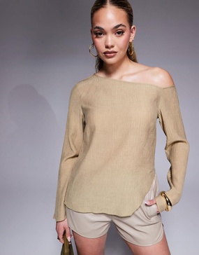 ASOS DESIGN off shoulder long sleeve top in khaki