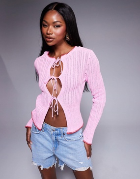 ASOS DESIGN knit tie front cardigan with red tipping detail in pink