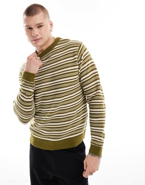 Another Influence striped round neck sweater in khaki