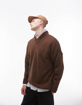 Topman oversized v neck sweater in brown with exposed seams