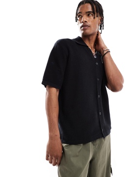 Bershka button up knit shirt in black