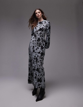 Topshop balloon sleeve maxi dress in gray abstract floral