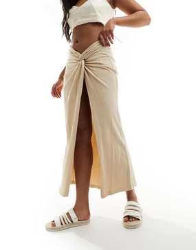 ASOS DESIGN textured sarong twist waist midi skirt in stone
