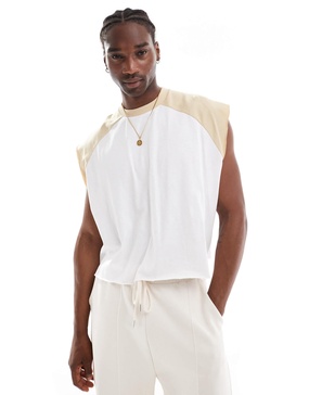 ASOS DESIGN extreme oversized cropped T-shirt with raglan sleeves and raw hem in white and beige