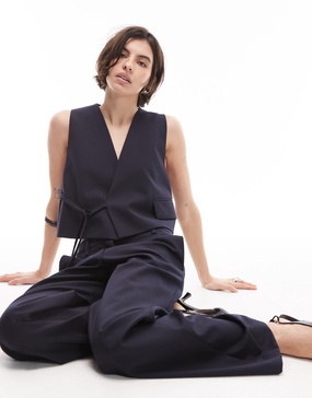 ARKET mix and match pure wool tailored vest with wrap front in navy blue