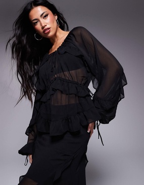River Island chiffon ruffle tie detail blouse in black