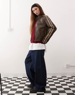 Reclaimed Vintage leather look biker jacket with stripes in washed brown