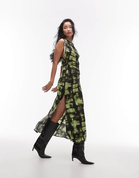 Topshop sliced sleeve ruched side maxi dress in green plaid print