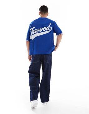 Bershka retro sports T-shirt in blue