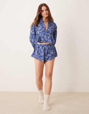 Free People printed satin pajama set in blue