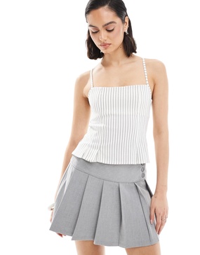 Bershka straight neck tailored corset top in ecru stripe