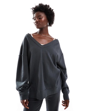 ASOS DESIGN waffle oversized off-shoulder V-neck sweatshirt in washed charcoal - part of a set