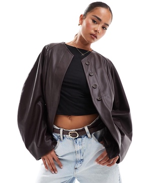 ASOS DESIGN collarless faux leather blazer with extreme sleeves in chocolate