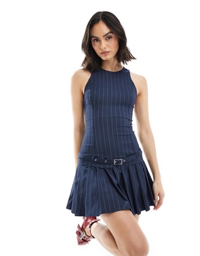 Bershka halterneck tailored mini dress in navy stripe