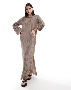 Pieces plisse maxi dress with side slits in stone