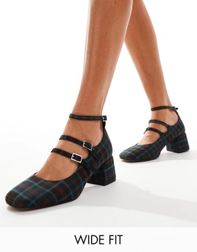 ASOS DESIGN Wide Fit Socco mid block heeled mary jane shoes in plaid