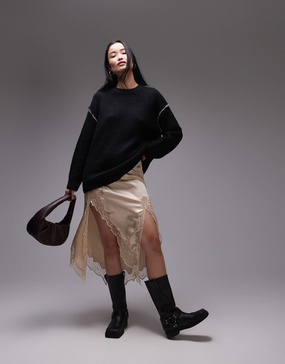 Topshop knitted exposed contrast seam oversized sweater in black