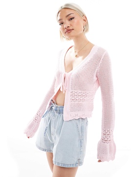 Brave Soul v-neck knit cardigan with flared cuff in pink
