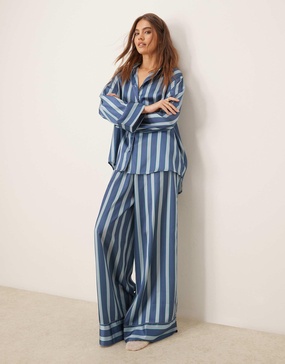 ASOS DESIGN oversized satin stripe shirt and pants pajama set in blue stripe