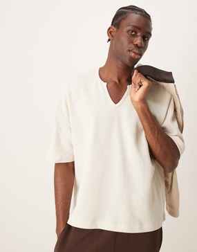 ASOS DESIGN oversized boxy waffle t-shirt with notch neck in cream