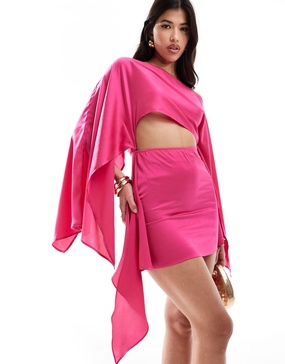 Aria Cove satin kimono sleeve cut out tie side mini dress in pink
