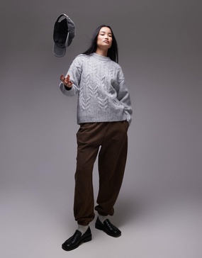 Topshop knitted fluffy oversized cable sweater in gray