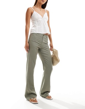Bershka linen mix tailored flared pants in taupe