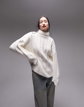 Topshop knitted chunky rib oversized funnel sweater in ivory