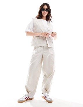 ASOS DESIGN tapered pants with tab hem detail in stone - part of a set
