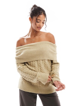 Bershka bardot cable knit sweater in khaki