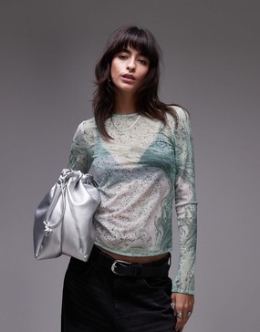 & Other Stories mesh long sleeve top in green marble print