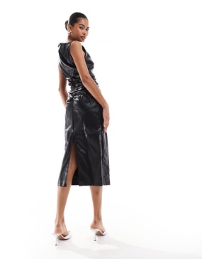 Amy Lynn faux leather slash neck midi dress with back slit in black