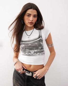 Monki shrunken fit baby tee with bra graphic in white
