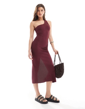 Bershka one shoulder knitted maxi dress in burgundy