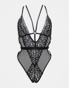 Ann Summers Obsession lace and fishnet plunge front crotchless bodysuit with strapping detail in black